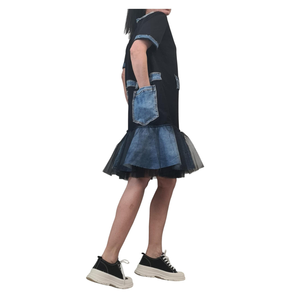 Oversized Cotton Tunic Dress, Denim Elements, Layered Tulle Skirt, Streetwear Style