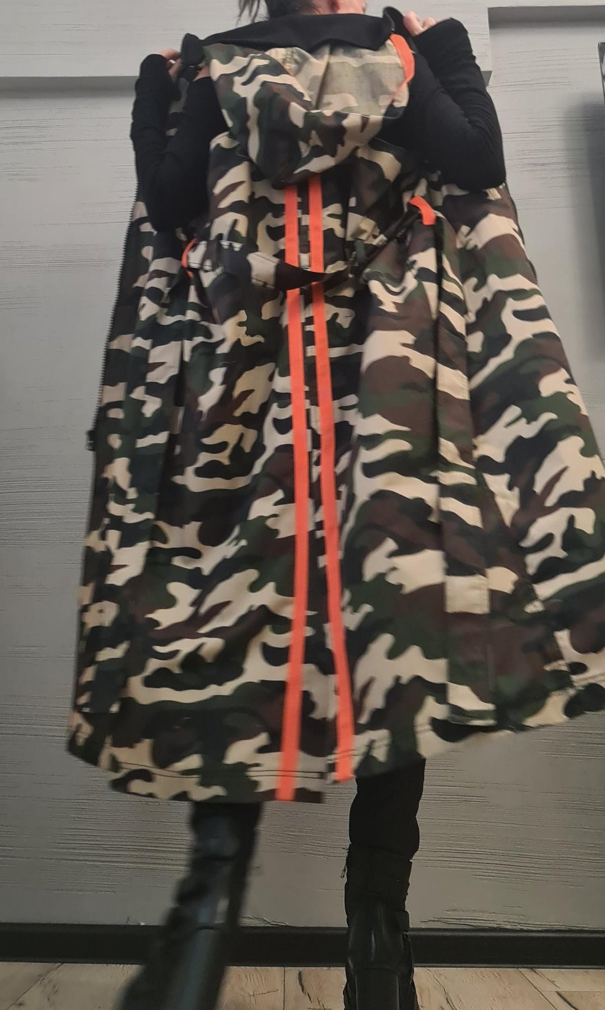 Camouflage Two-Piece Set, Cropped Hooded Jacket, Belted Maxi Vest, Orange Stripes