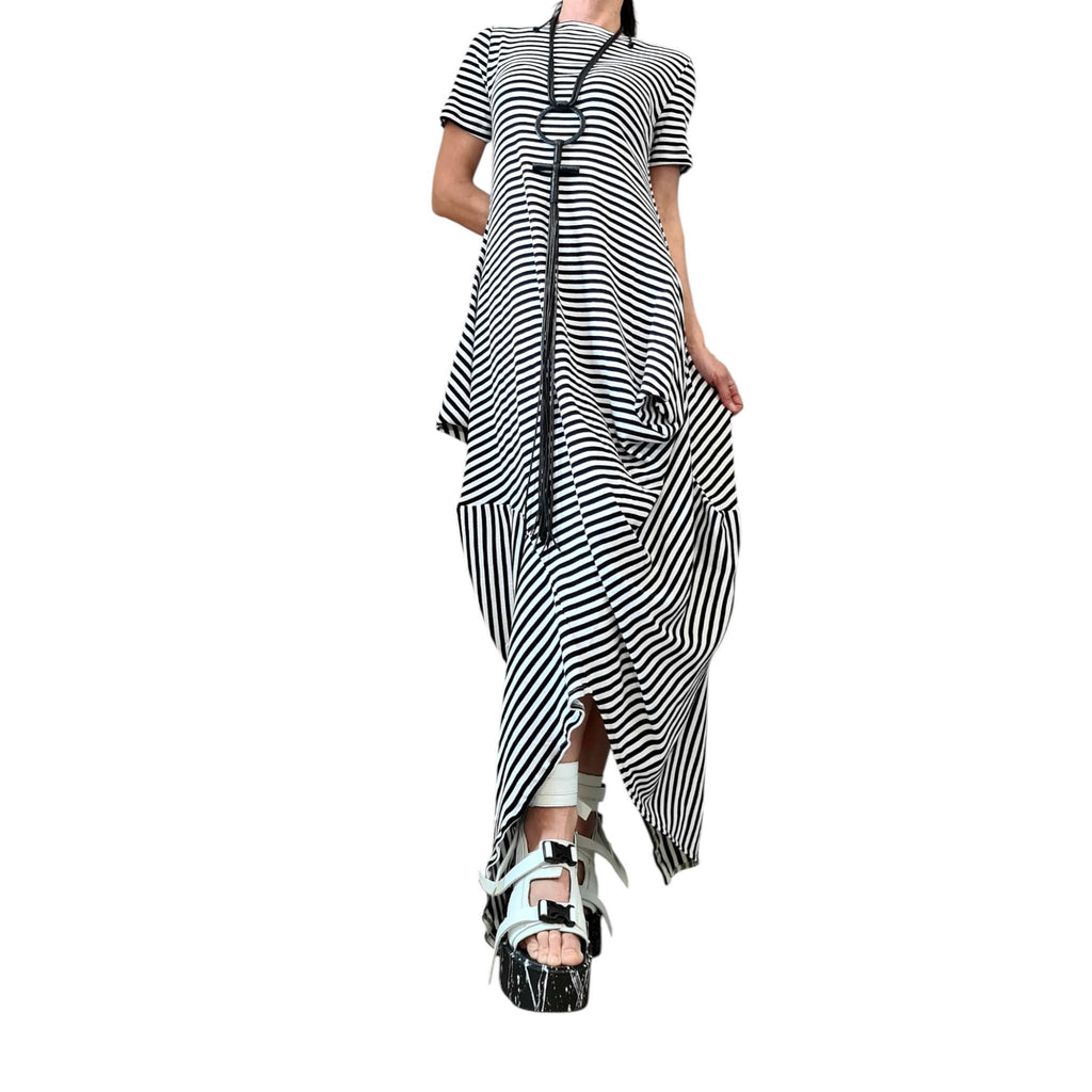 Striped Cotton Asymmetric Dress High Low Hem, Oversized Avant Garde Fashion