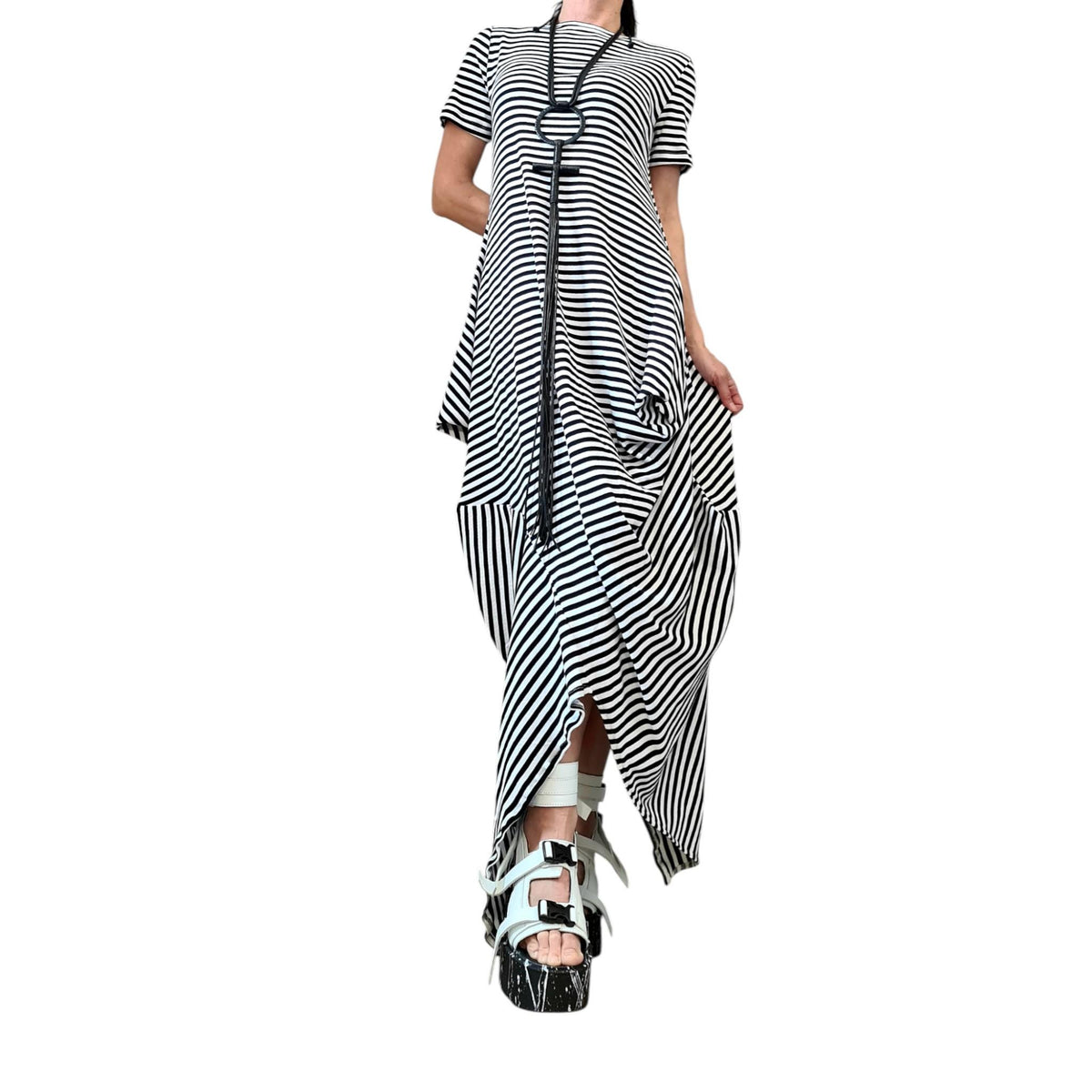 Striped Cotton Asymmetric Dress High Low Hem, Oversized Avant Garde Fashion