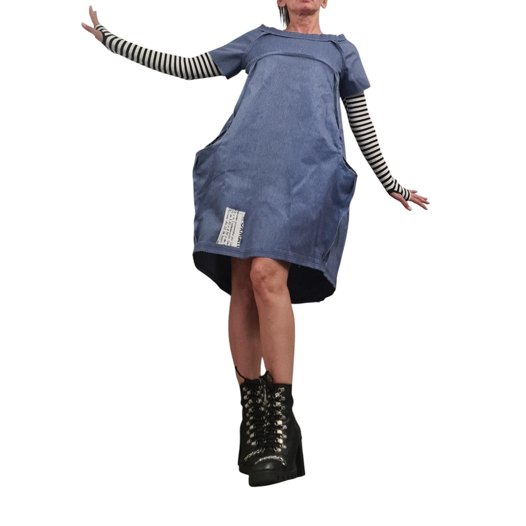 Avant Garde Denim Dress, Asymmetrical Cotton Tunic, Pockets, Extravagant Denim, Outside seams