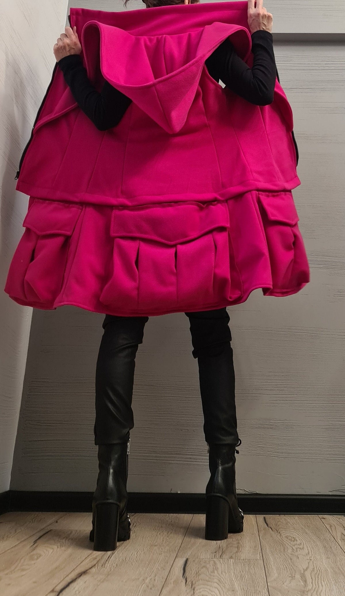 Hot Pink Convertible Hooded Vest, Detachable Cargo Pocket Panel, Long or Cropped, Plus Size