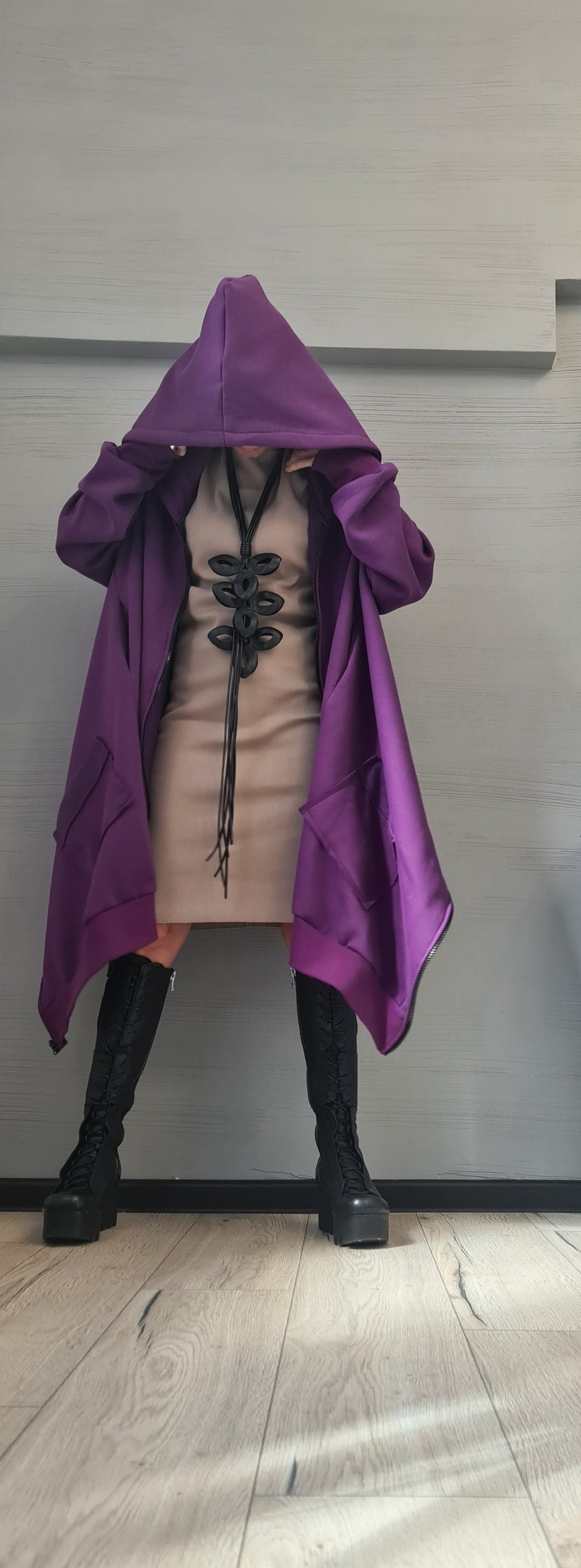 Purple Asymmetric Hooded Sweatshirt, Oversized Cotton Jacket, Longline Zip Up Hoodie