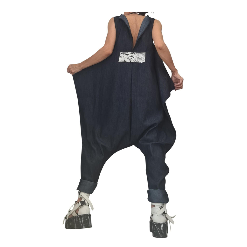 Asymmetric Denim Harem Jumpsuit, Plus Size Wide Leg Sleeveless Overall