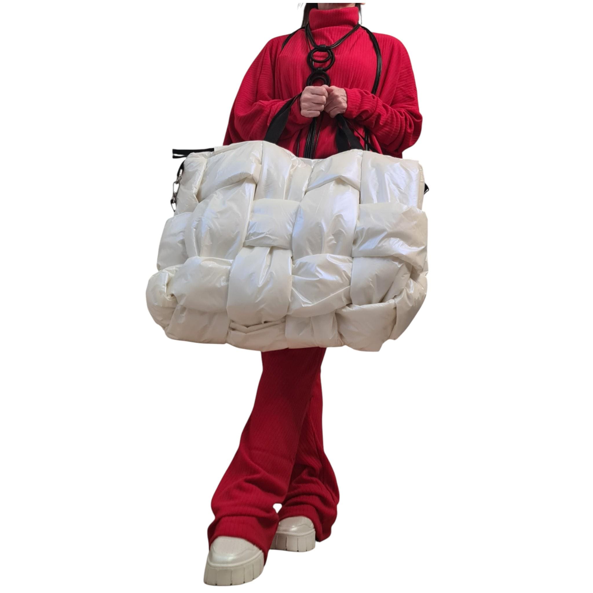 White Pearl Puffer Tote Bag | Woven Oversize Design | women’s clothing | statement