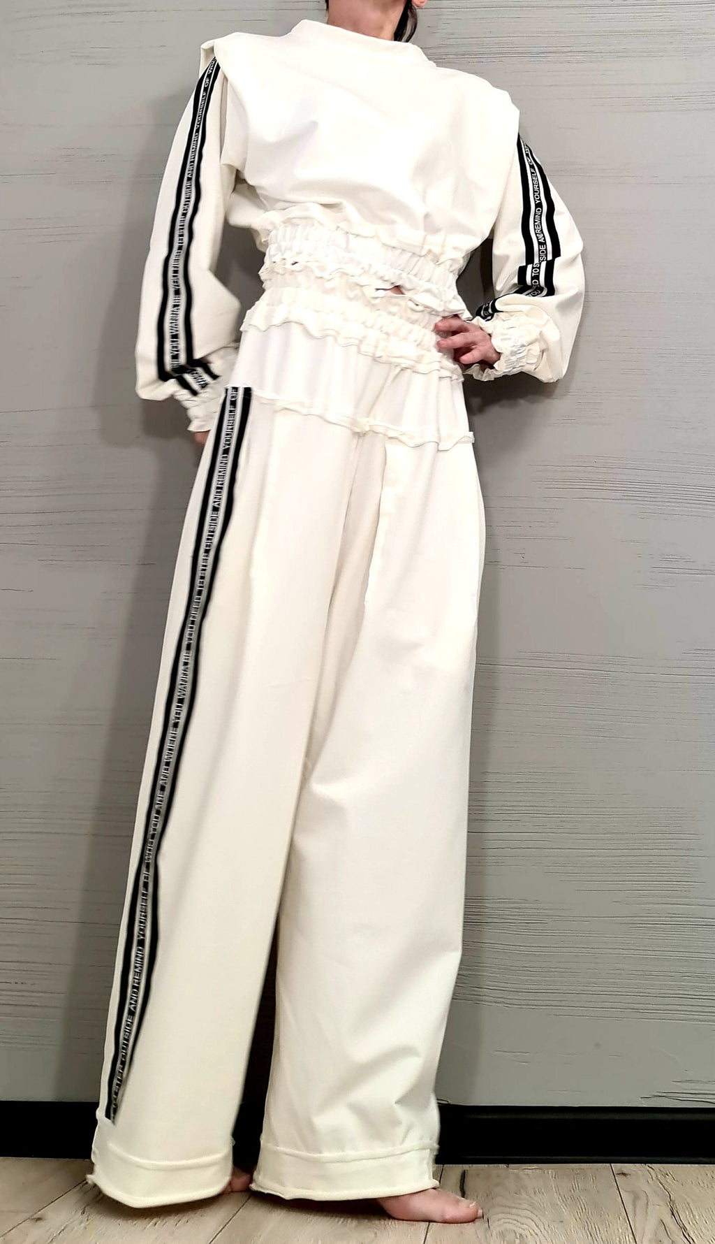 Ivory Cotton Wide-Leg Pants, Oversized Cropped Ruched Blouse, Contrast Side Stripes, Two-Piece Co-Ord Set