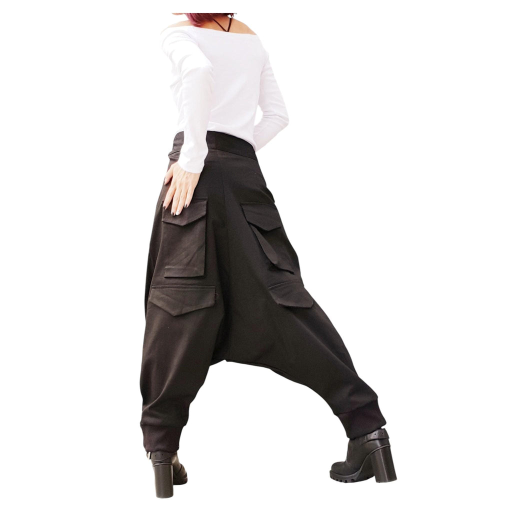 Black Cargo Harem Pants, Drop Crotch Trousers