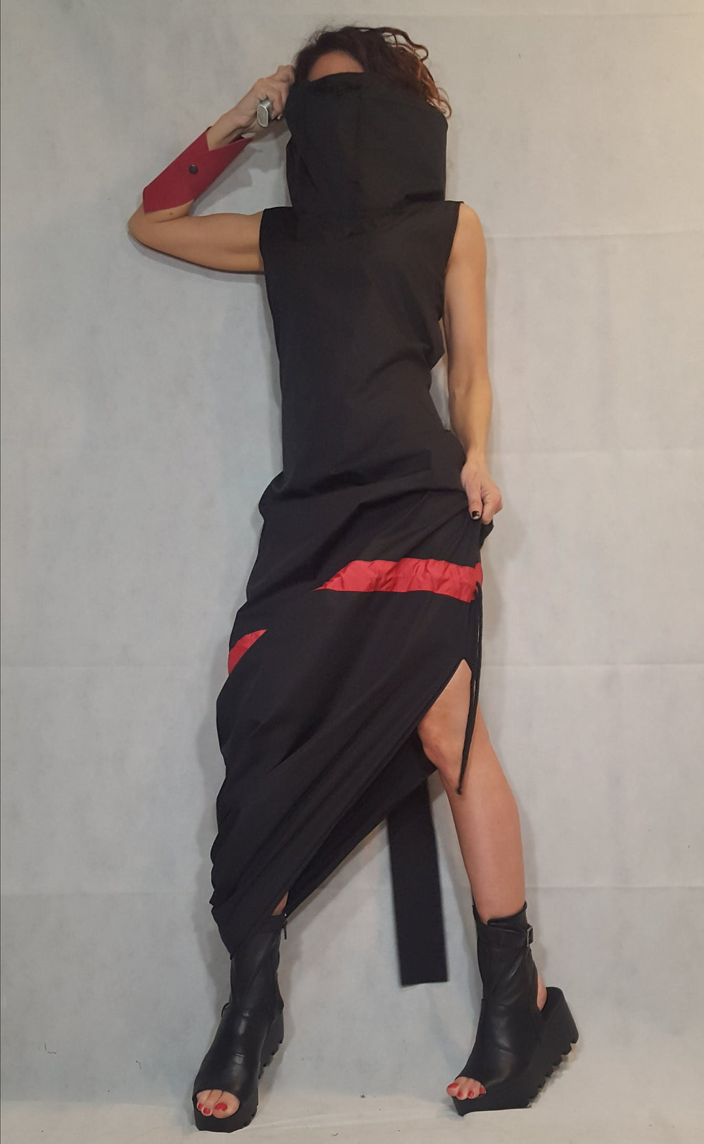 Black Long Asymmetrical Dress, Open Back, Plus Size Clothing