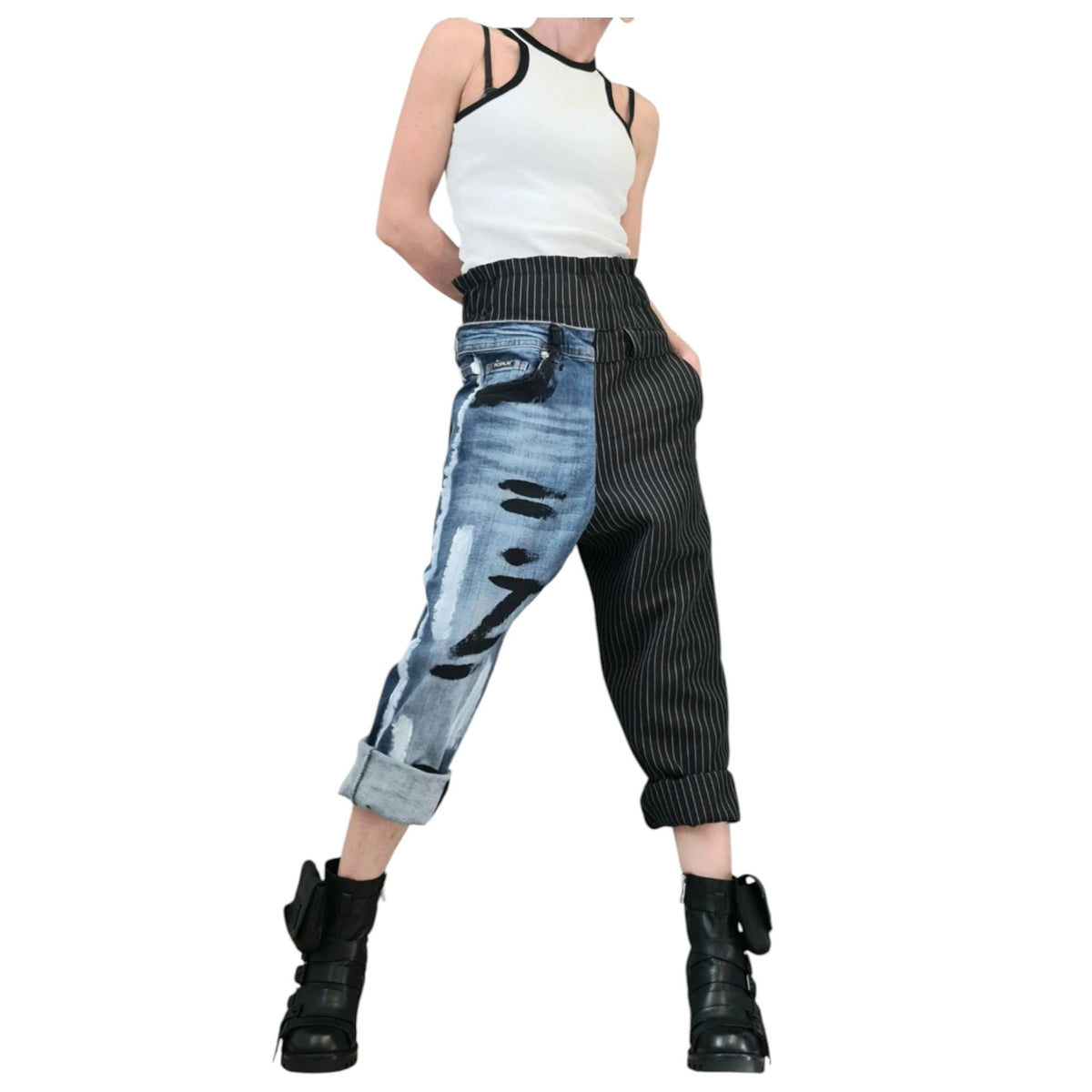Painted Denim Bottoms, Deconstructed Avant Garde Pants, Street Style Artwear