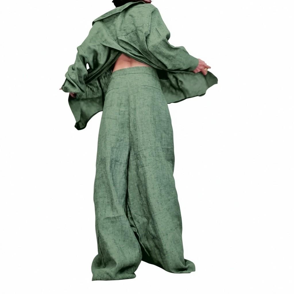 Olive Linen Boho Set, One Shoulder Open Back Top, Wide Leg Pants