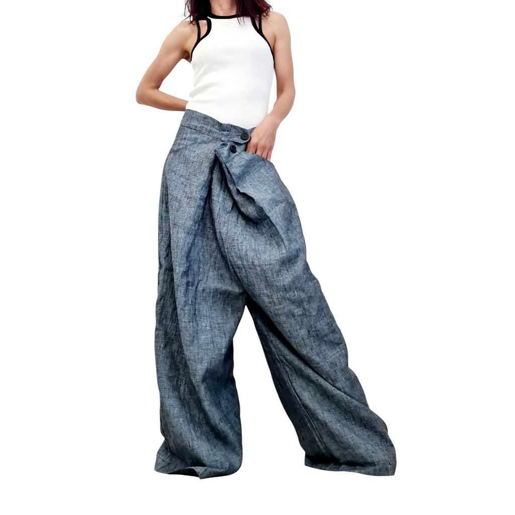 Denim Blue Linen Wide Leg Pants, Extra Loose Summer Trousers, Comfortable Everyday Wear