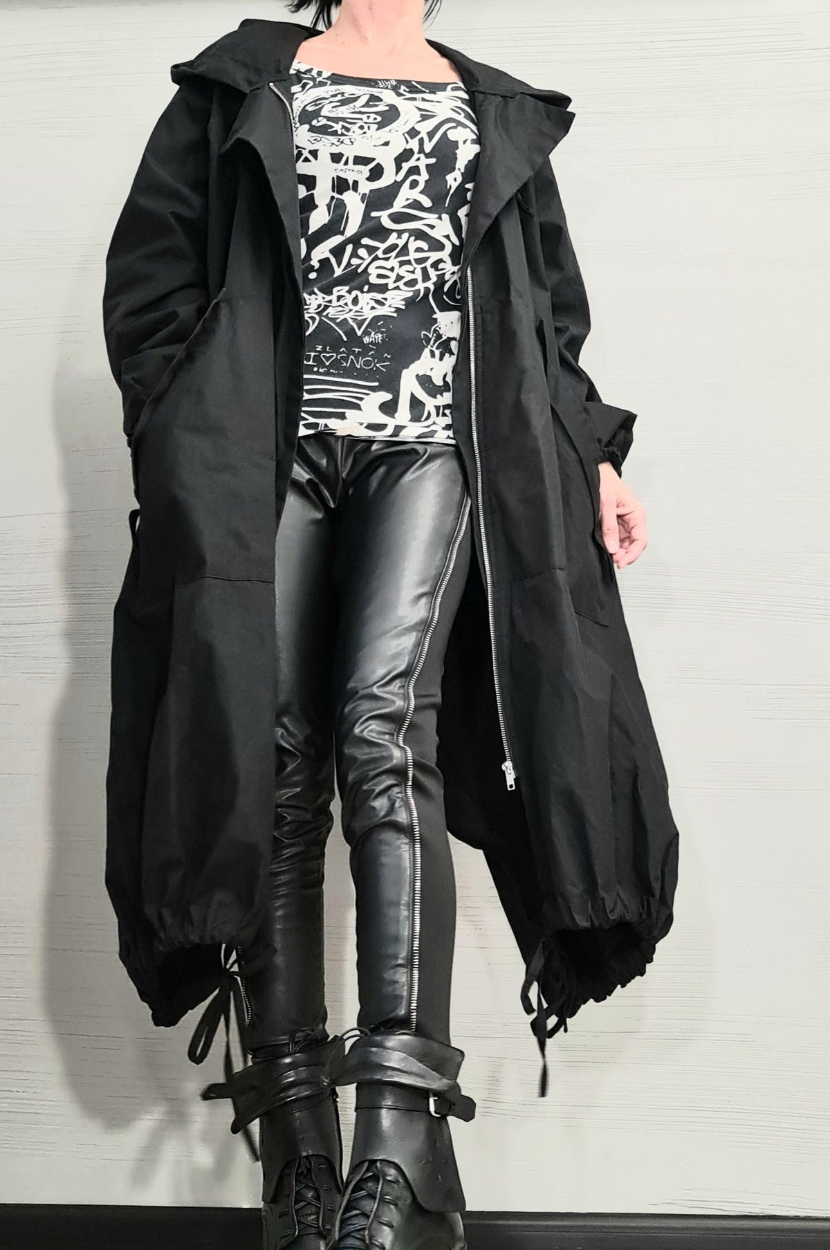 Black Asymmetrical Hooded Trench Coat, Oversized Jacket, Overlapping Open Back,  Drawstring Hem