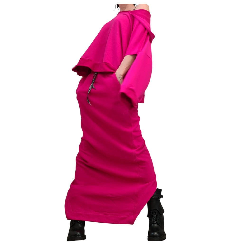 Fuchsia Cotton Asymmetrical Wrap Maxi Skirt, Cropped Hooded Blouse, Two-Piece Co-Ord Set