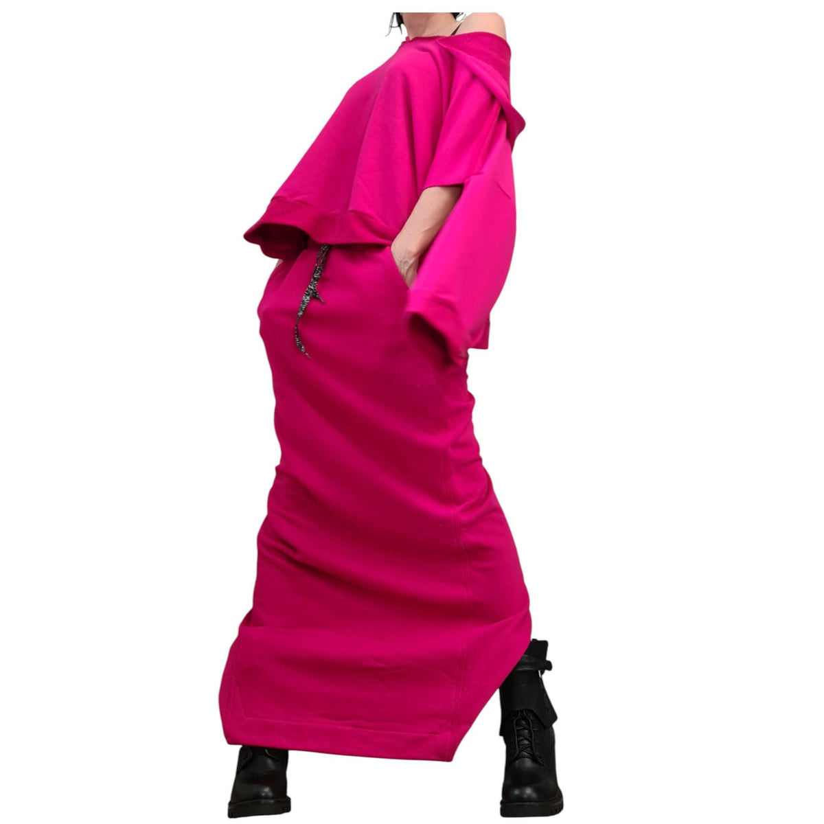 Fuchsia Cotton Asymmetrical Wrap Maxi Skirt, Cropped Hooded Blouse, Two-Piece Co-Ord Set