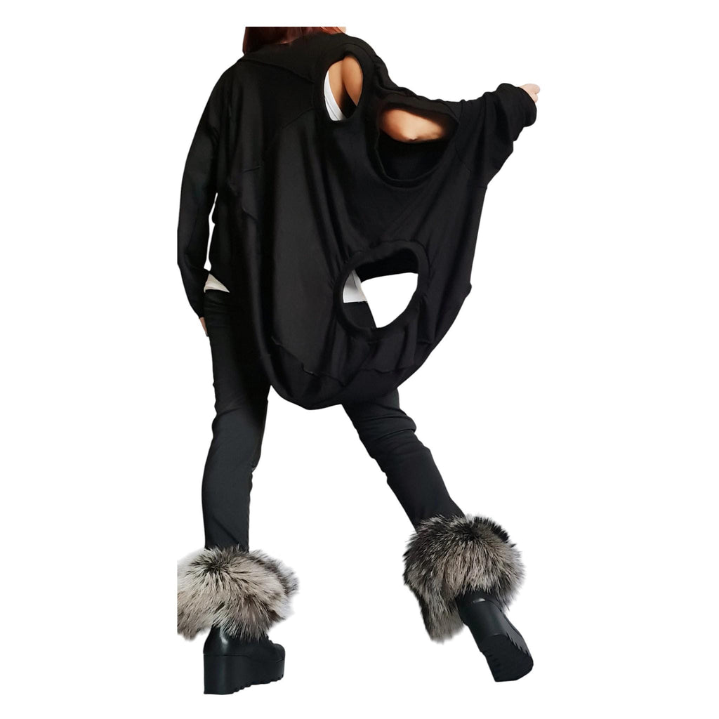 Black Cotton French Terry Tunic | Asymmetrical Oversize Top | Gothic Style