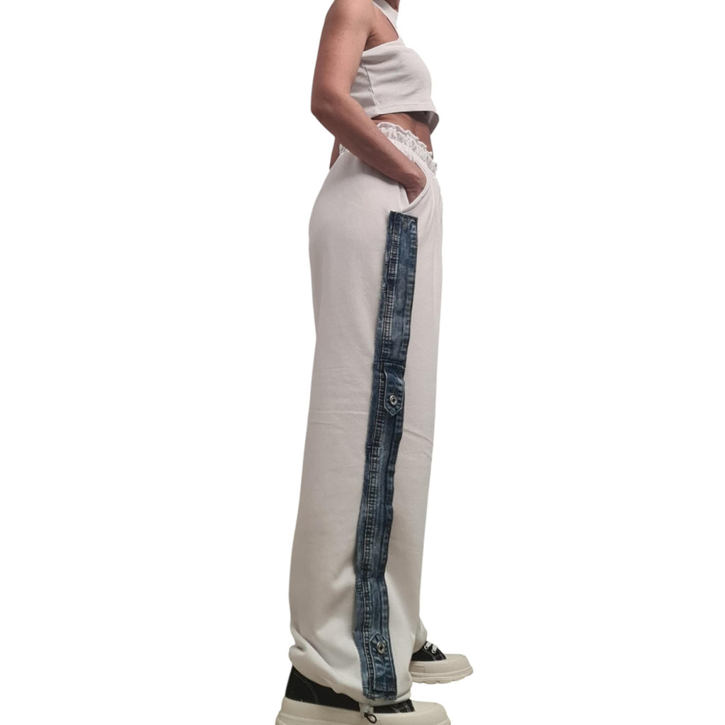 White French Terry Jogger Pants, Denim Side Detail, Color Block