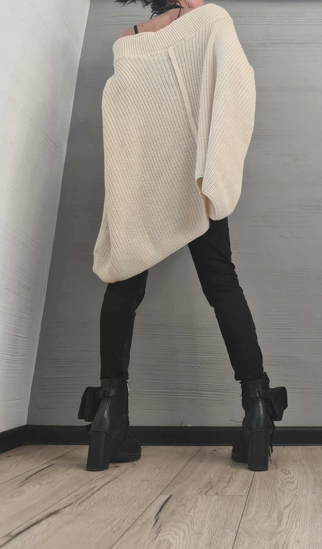 Beige Asymmetrical Knitted Tunic, Oversized Knit Sweater, Plus Size Top