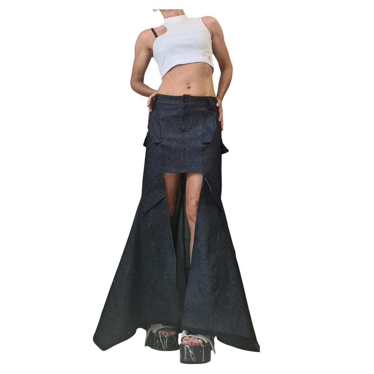Extravagant Asymmetric Denim Skirt, Wrap A-Line Maxi Skirt