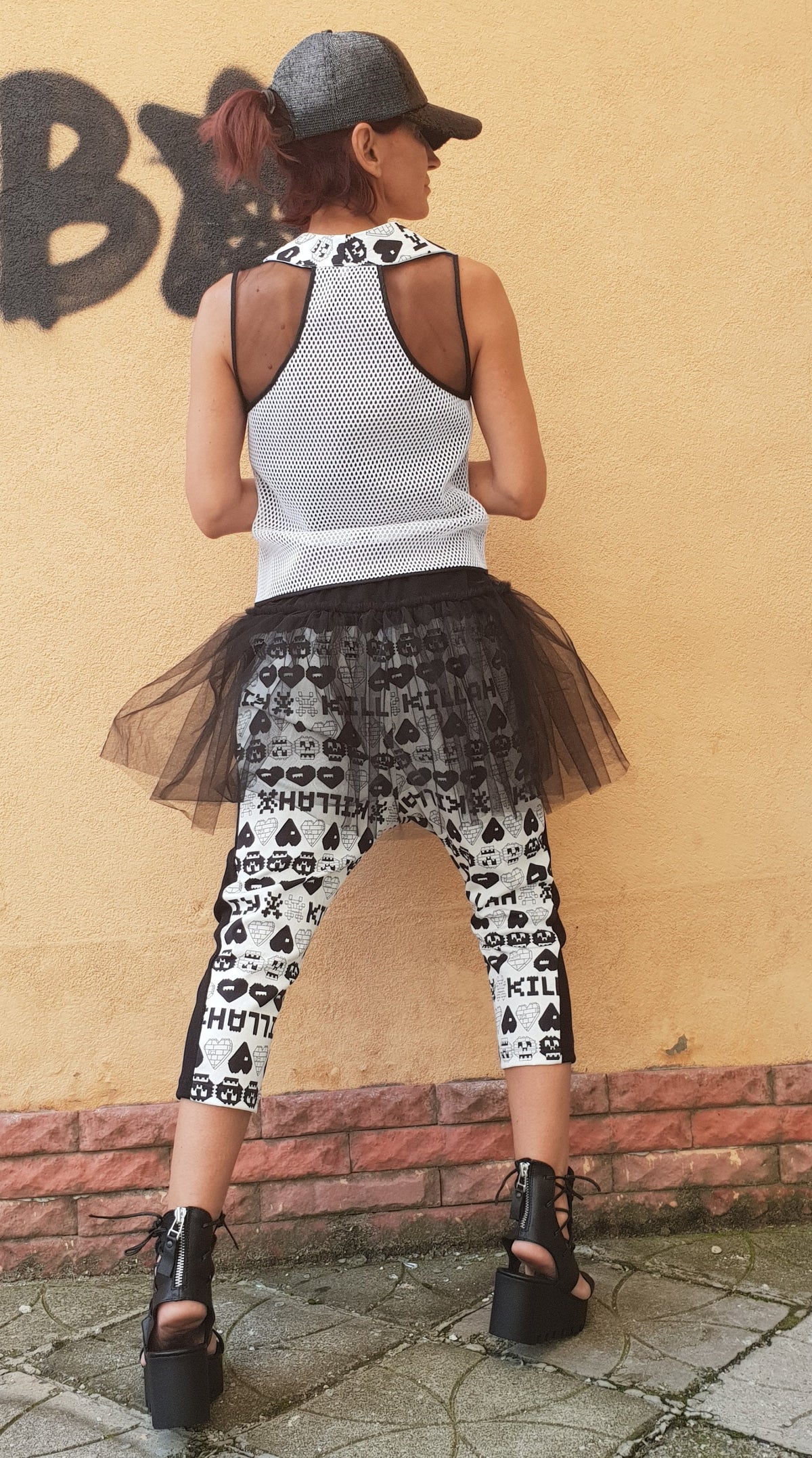 Black White Printed Harem Pants, Tulle Blouse, Sleeveless Vest, Three Piece Co-Ord Set