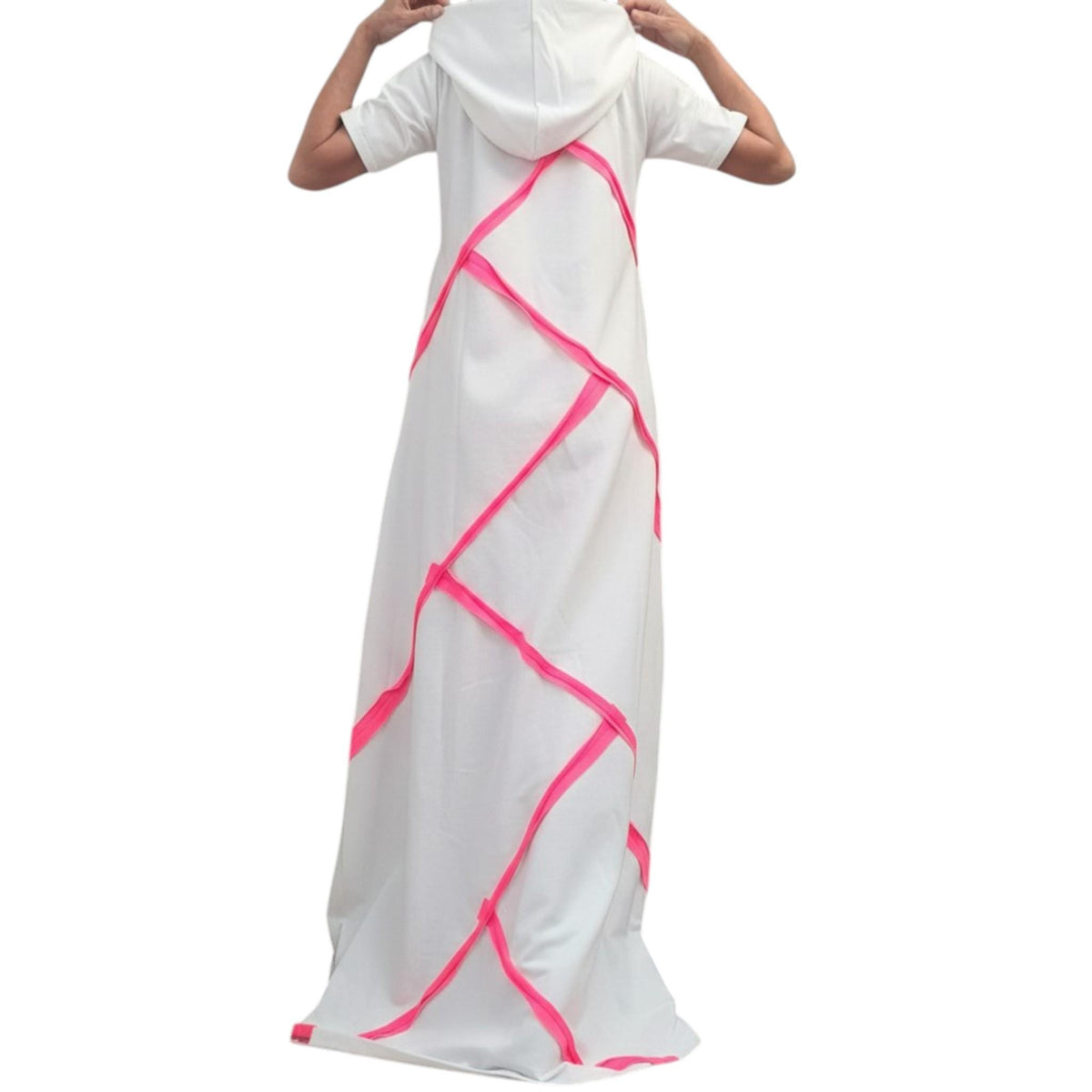 White Hooded Cotton Maxi Dress, Asymmetrical Neon Stripes, Loose Fit, Short sleeve, Plus Size