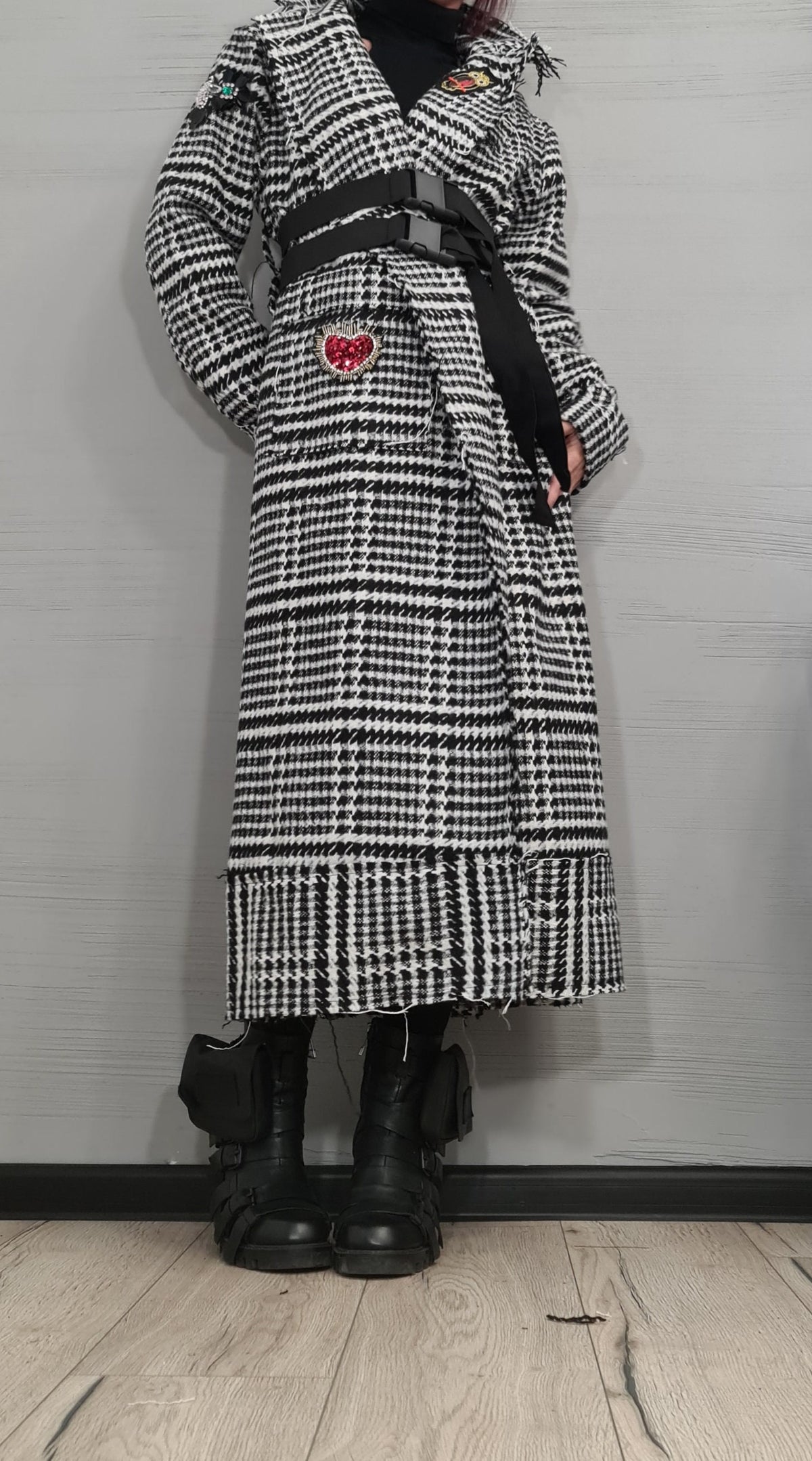 Black and White Plaid Coat, Long Belted Oversized Winter Jacket, Plus Size Cardigan