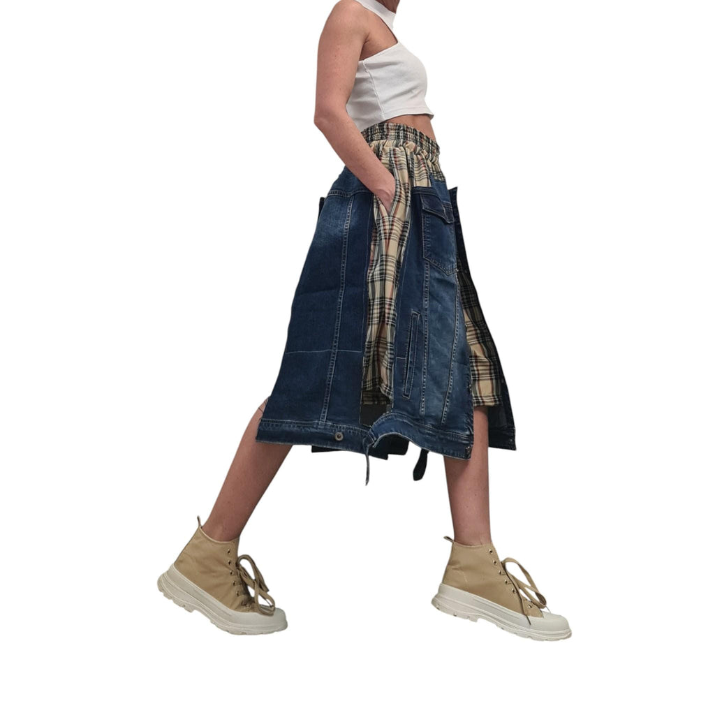 Avant Garde Denim and Plaid Midi Skirt with Cargo Style Pockets, Artistic Designer Streetwear, Handmade Custom Made Statement Fashion