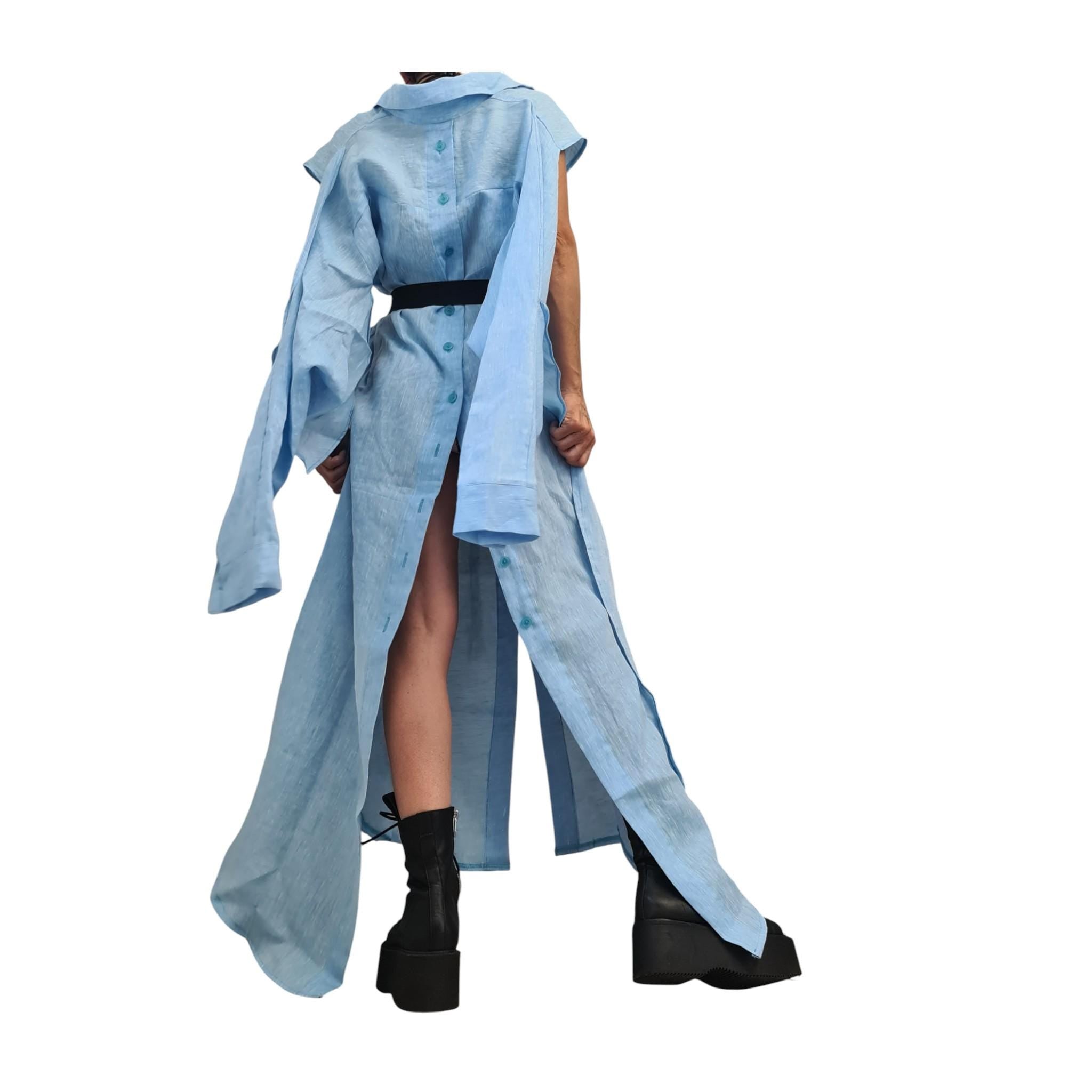 Baby Blue Linen Shirt, Long Asymmetric Kaftan, Open Back, Maxi Loose Summer Oversized Dress