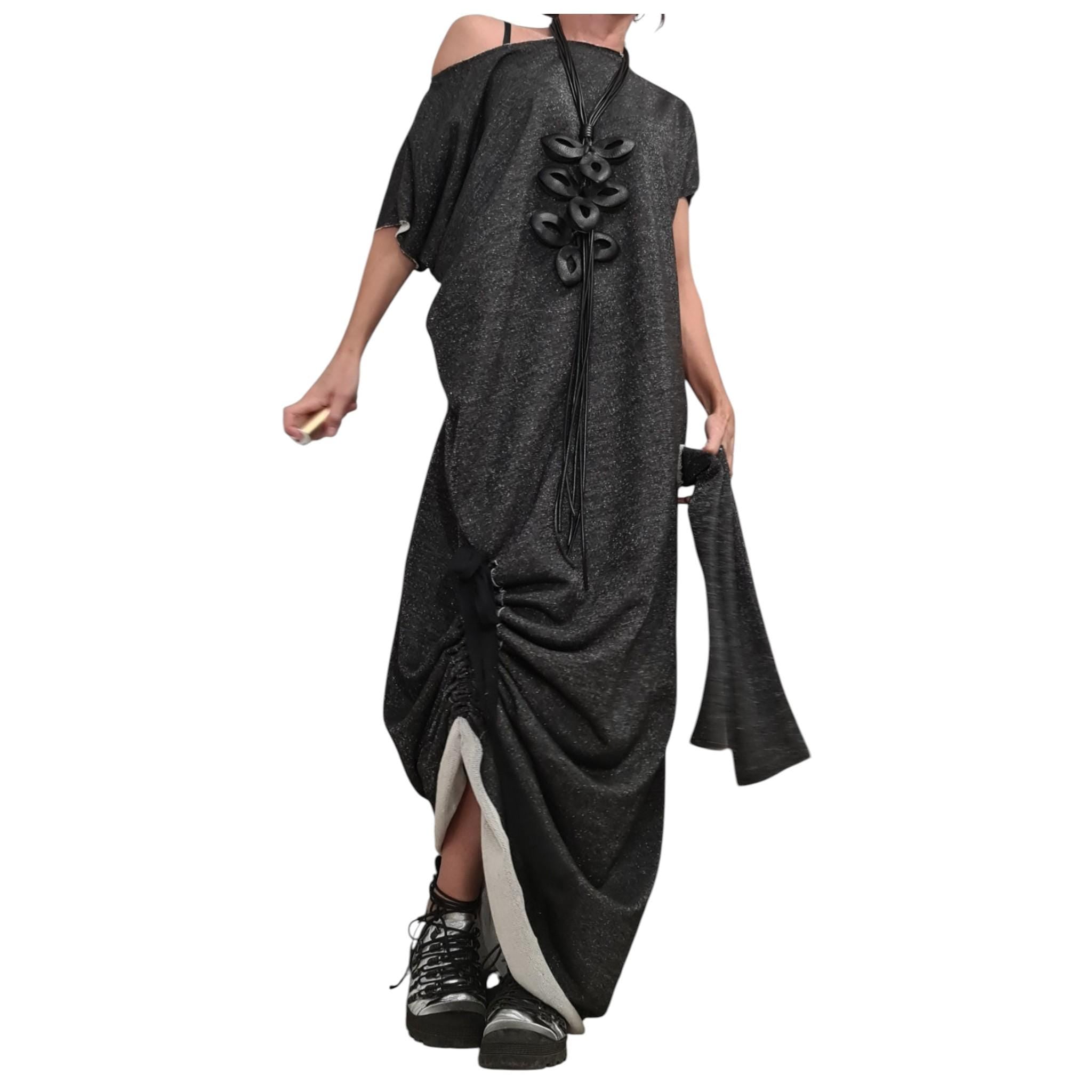 Black Silver Shiny Extravagant Long Dress, Loose Maxi Dress Tunic, Oversize Dress, Separate sleeves, One Shoulder Dress, New collection