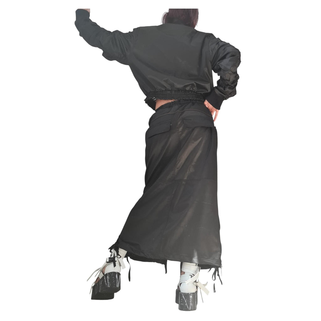 Black Cotton Sateen Cargo Maxi Skirt, Cropped Bomber Jacket, Zip Pockets, Two-Piece Co-Ord Set