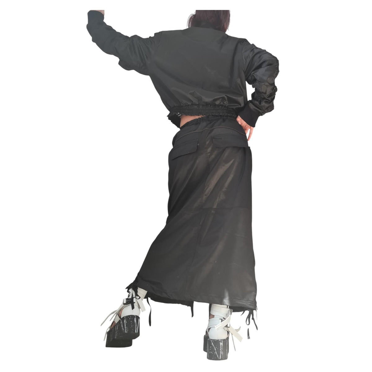 Black Cotton Sateen Cargo Maxi Skirt, Cropped Bomber Jacket, Zip Pockets, Two-Piece Co-Ord Set