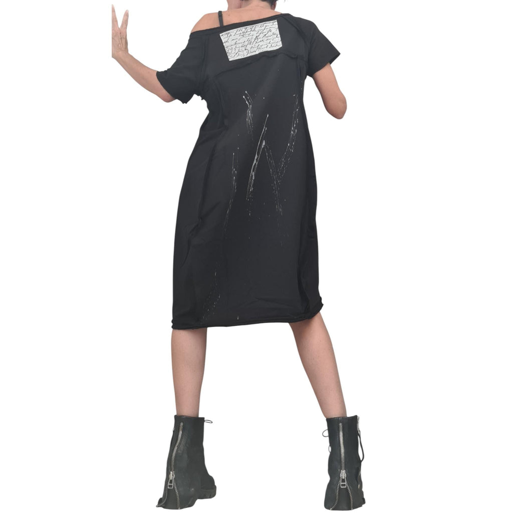 Black French Terry Short Sleeve Dress, One Shoulder Asymmetric Gothic Tunic, Oversized Fit