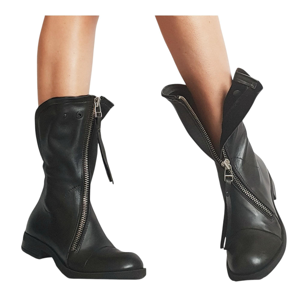 Black Gothic Genuine leather Ankle Boots, Handmade Closed Toe Low Platform Shoes