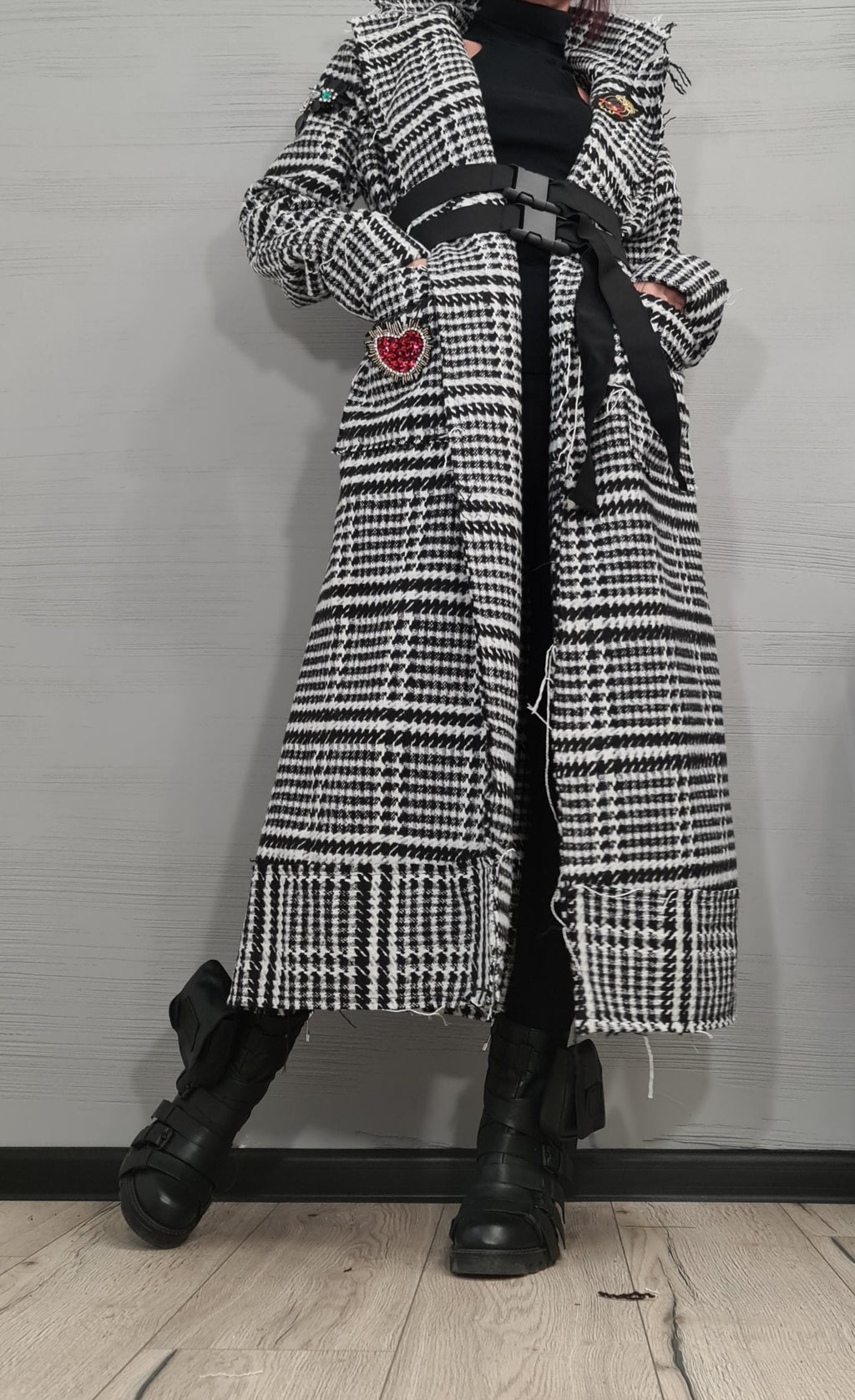 Black and White Plaid Coat, Long Belted Oversized Winter Jacket, Plus Size Cardigan