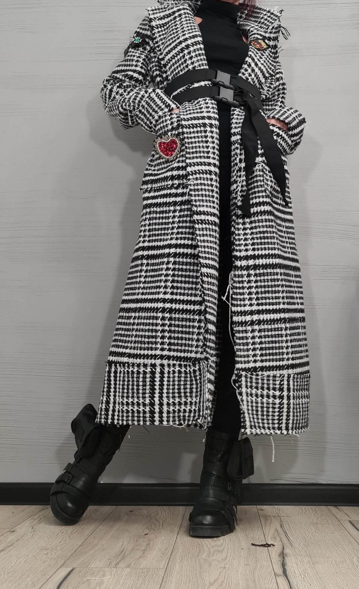 Black and White Plaid Coat, Long Belted Oversized Winter Jacket, Plus Size Cardigan