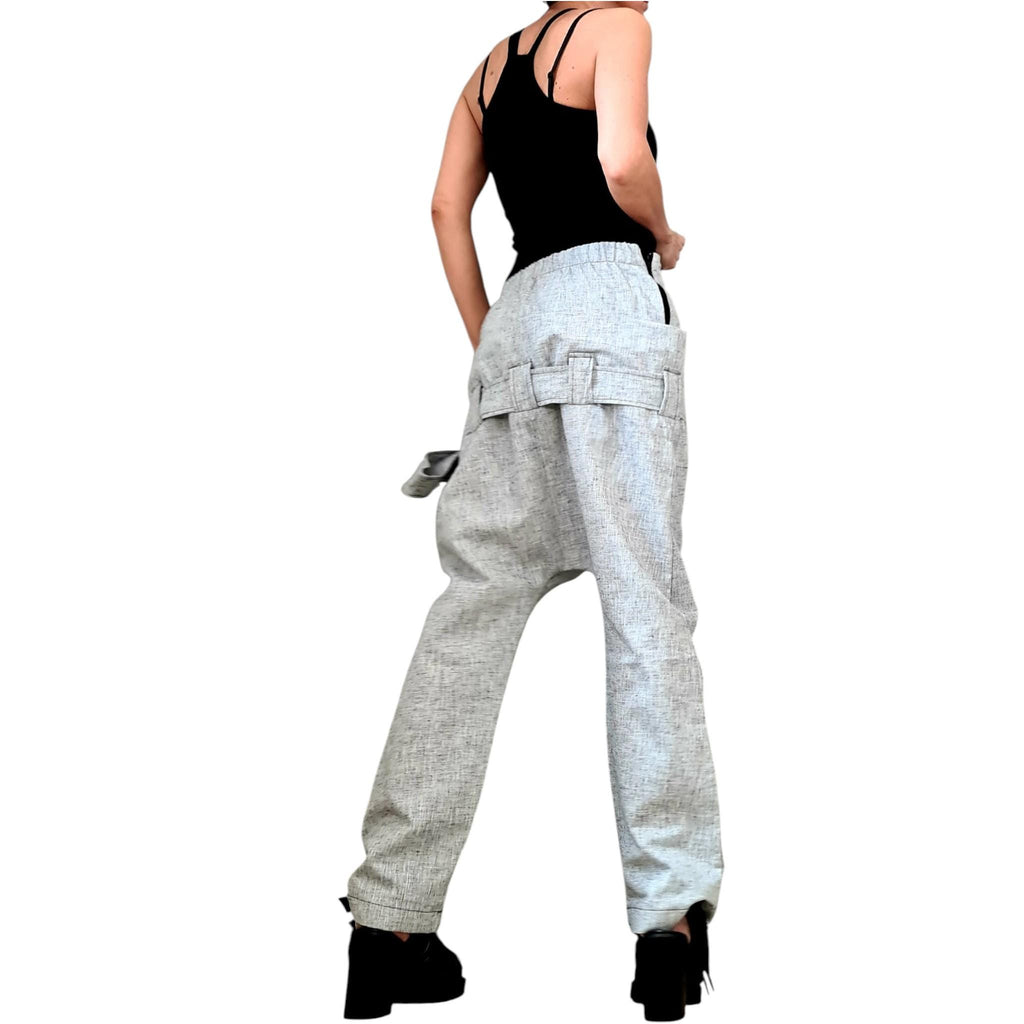 Linen Drop Crotch Pants, Double Waistband Trousers, Slim Tapered Leg