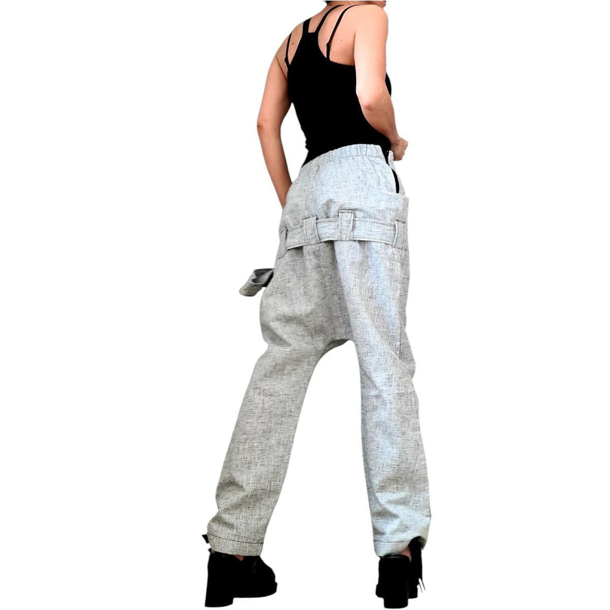 Linen Drop Crotch Pants, Double Waistband Trousers, Slim Tapered Leg