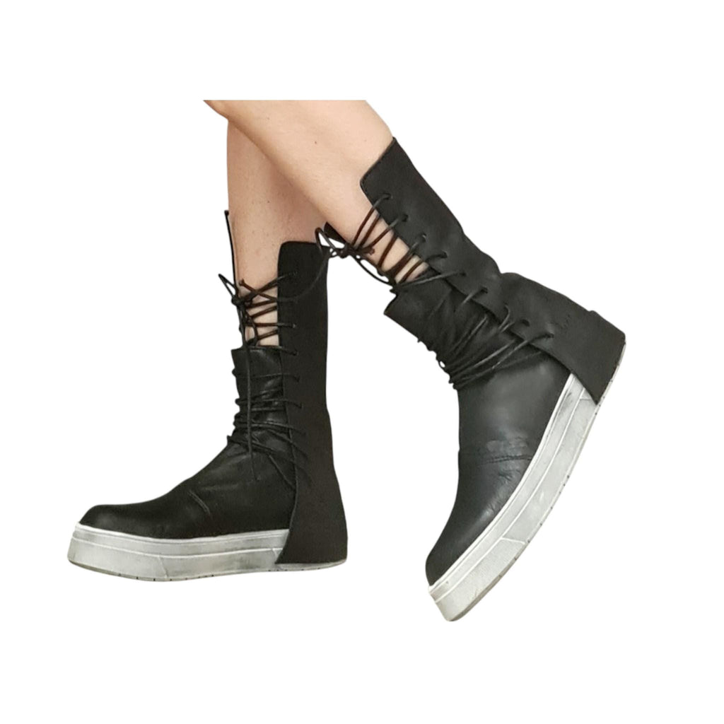 Black Gothic Boots, Grunge Leather Sneakers, Rave Zipper Women Booties