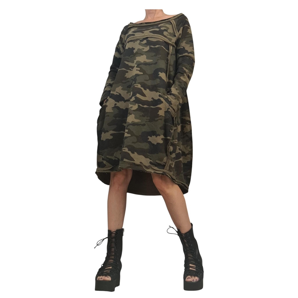Military Style French Terry Tunic for Women, Oversized Dress, Asymmetric Hem