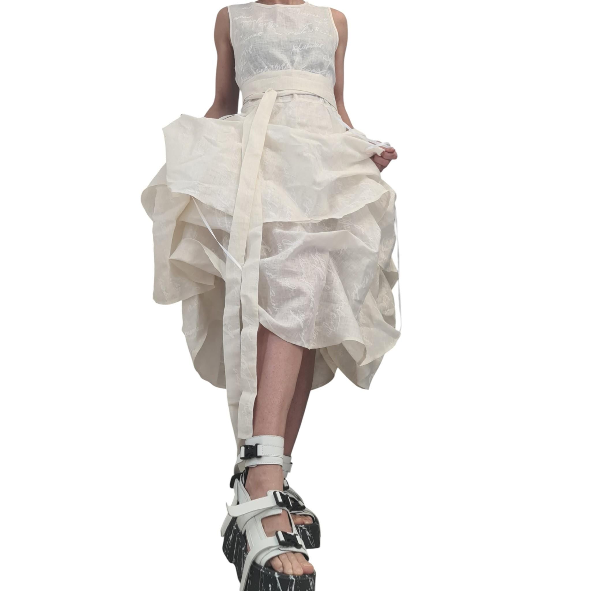 Champagne Linen Asymmetric Dress for Women, Sleeveless Layered Midi Dress, Graphic Sculptural Skirt Avantgarde