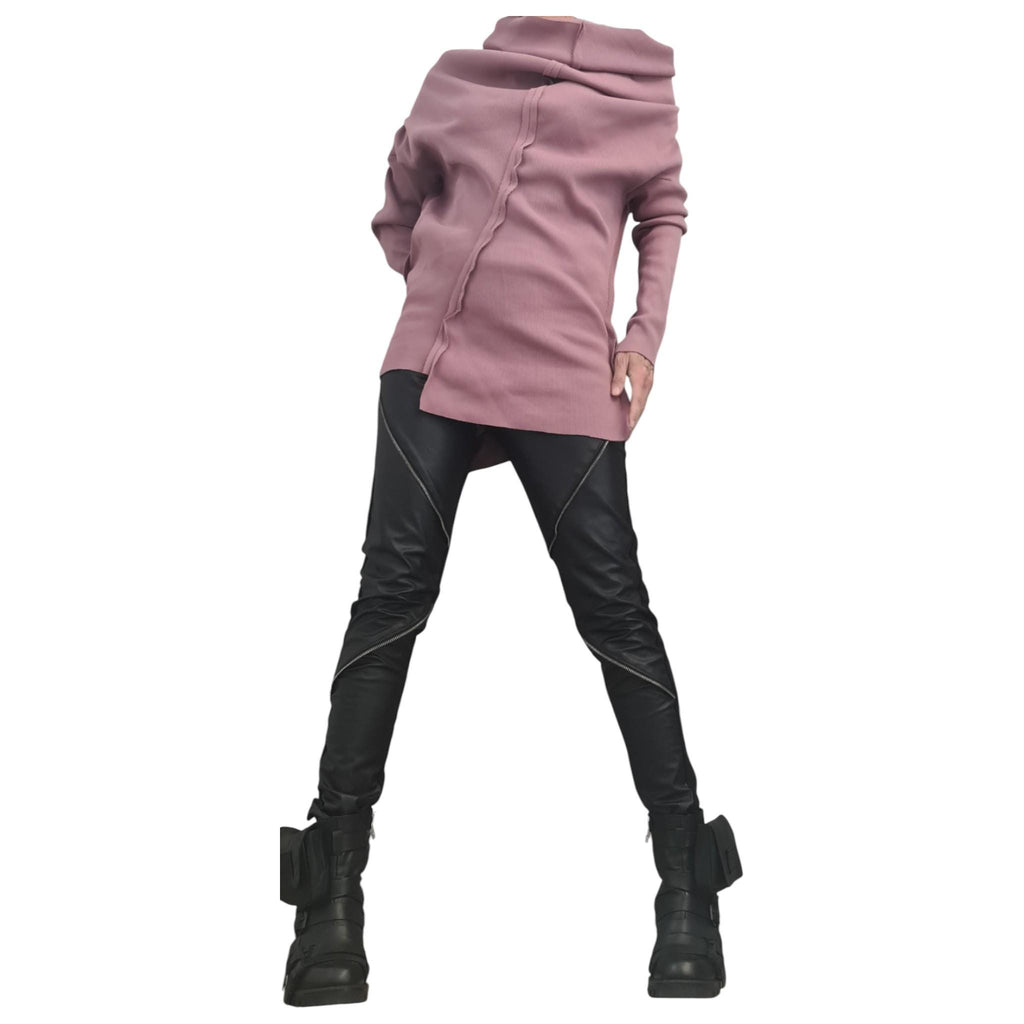 Dusty Rose Plus Size Cotton Blouse, Asymmetric Rib Oversize Blouse, Deconstructed Cut, Long Sleeve