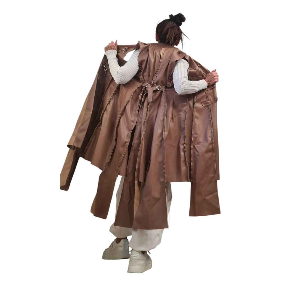 Brown Faux Leather Asymmetrical Maxi Vest, Fitted Sleeveless Coat, Multiple Metal Buckle Closures