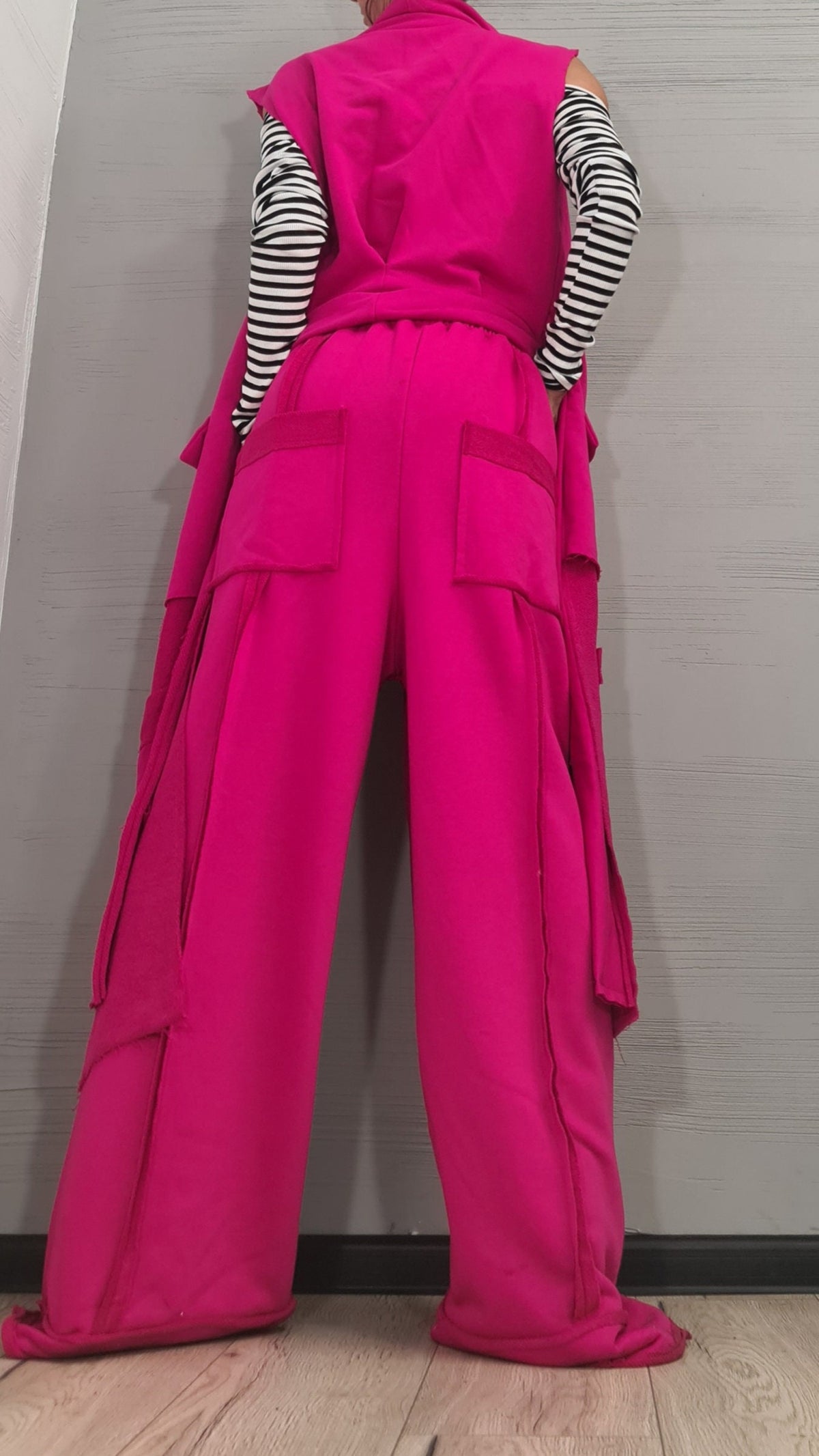 Fuchsia Cotton Wide-Leg Pants, Asymmetrical Long Short Vest, Two-Piece Co-Ord Set
