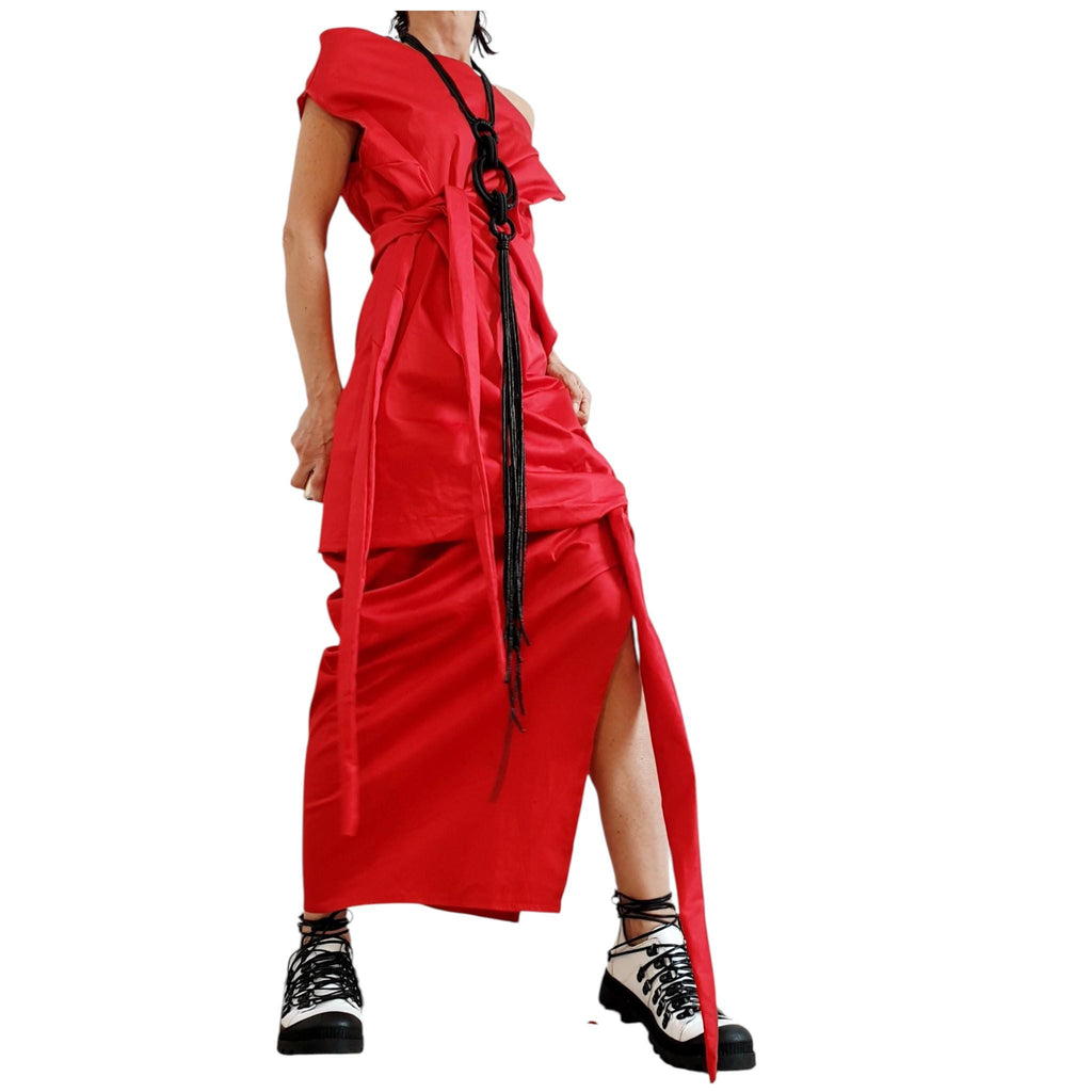 Red Asymmetric Long Dress, Plus Size Clothing, Sleeveless One Shoulder Cocktail Dress