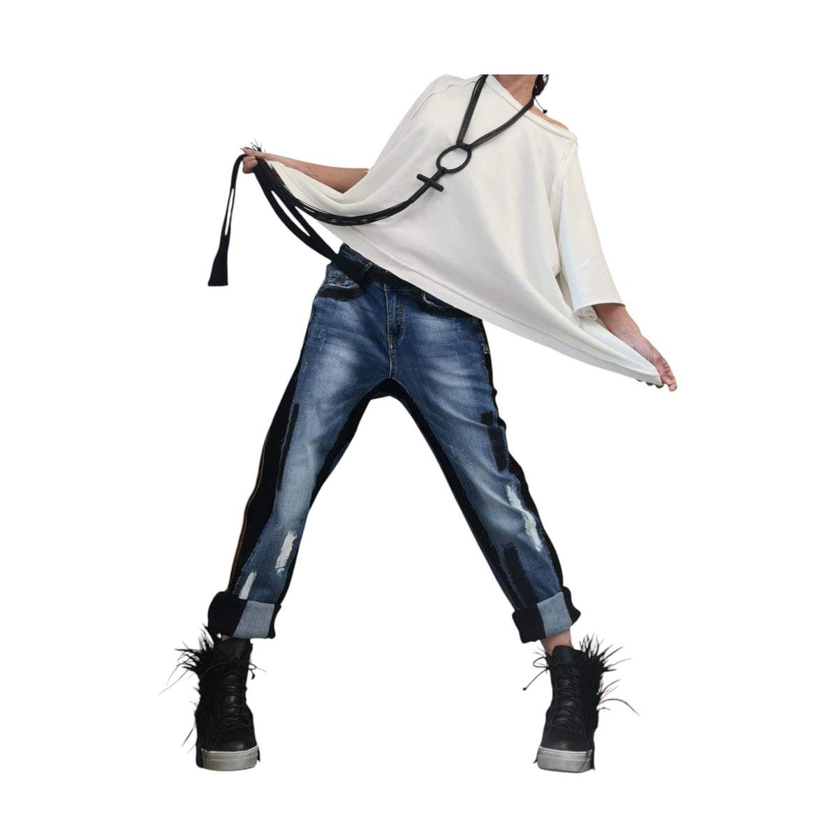 Denim Harem Pants: Casual Baggy Fit (Unisex, Painted Detail)