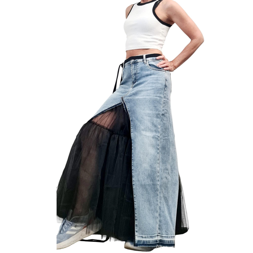 Extravagant Asymmetric Denim Tulle Skirt, Deconstructed Avant Garde Maxi Skirt