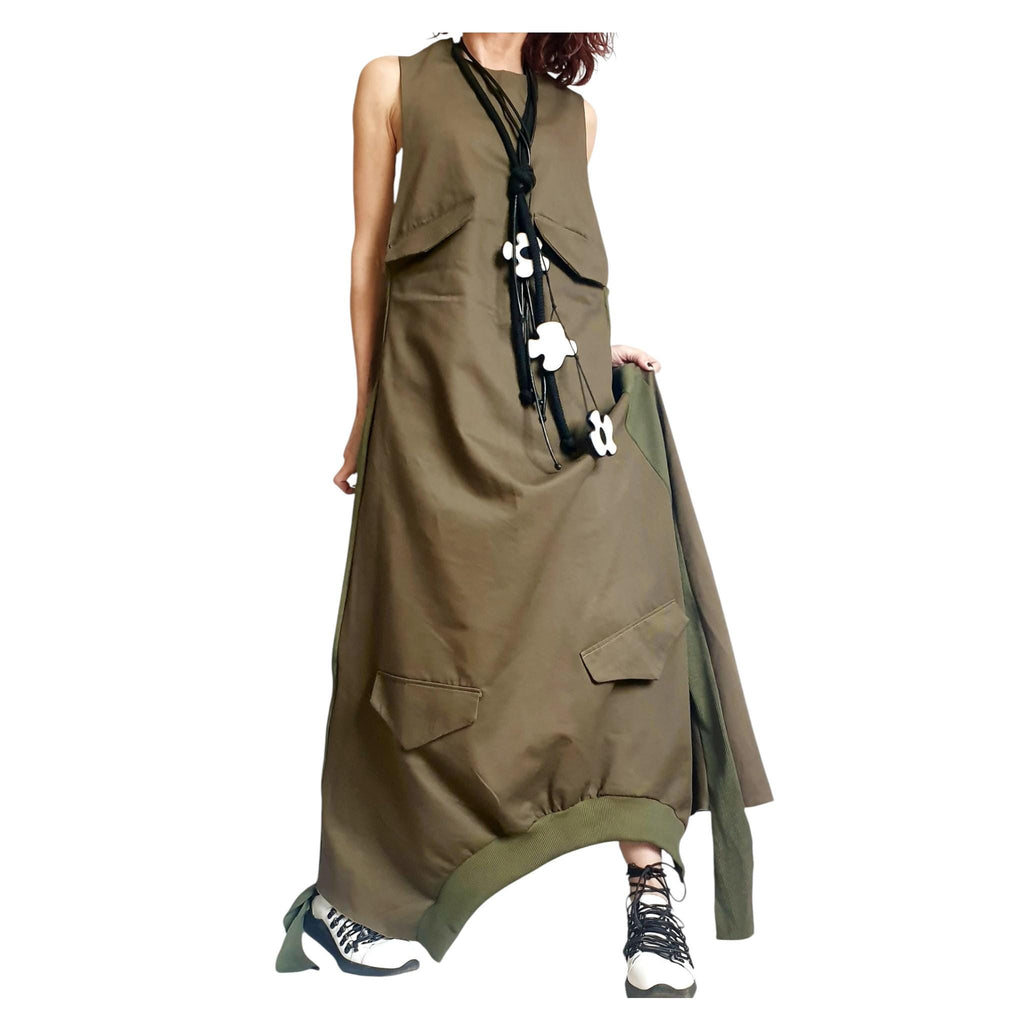 Military Green Long Dress | Cargo Pocket Accents | women’s clothing | statement