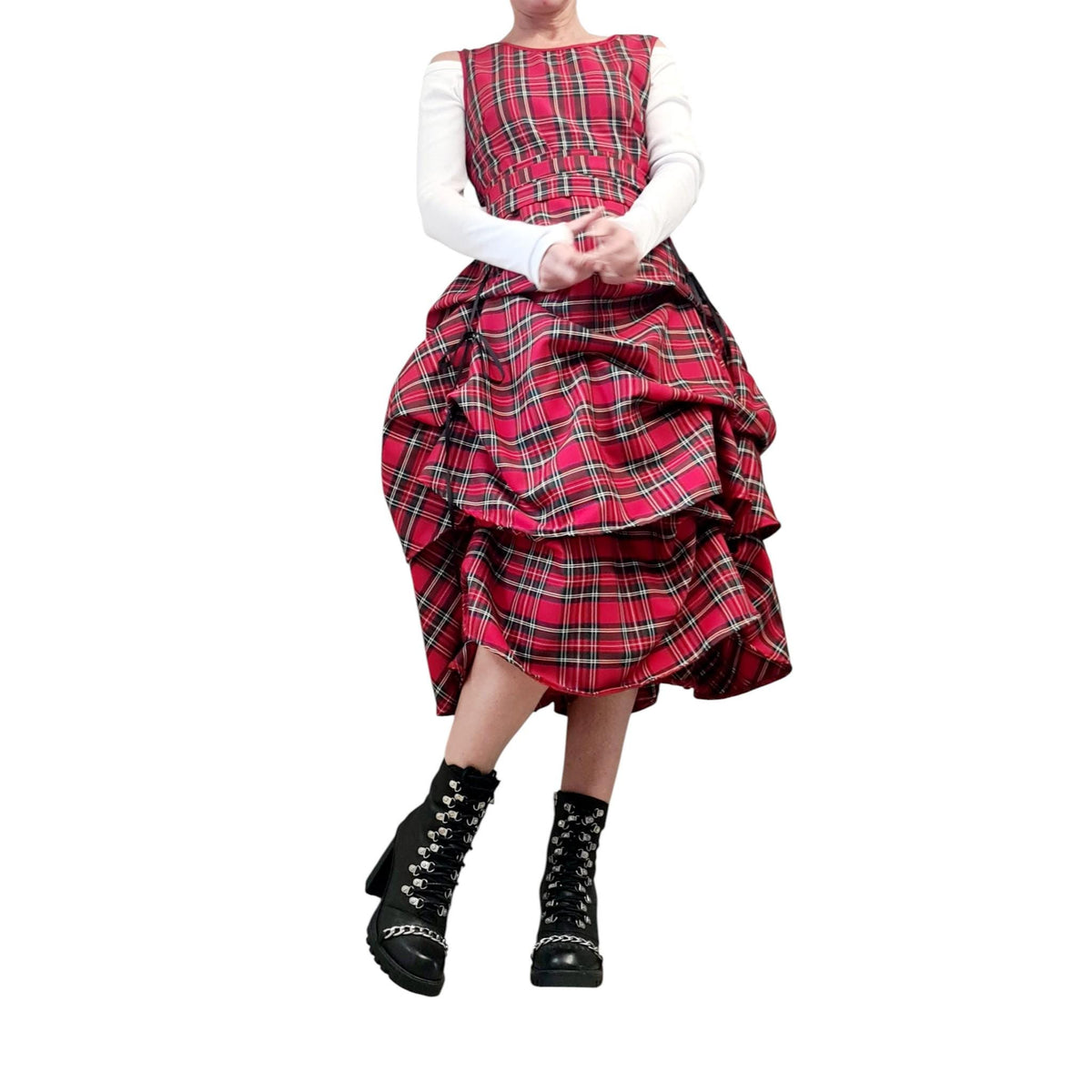 Dark Green Tartan Asymmetric Gown | Sleeveless Knee-Length Dress with Adjustable Skirt