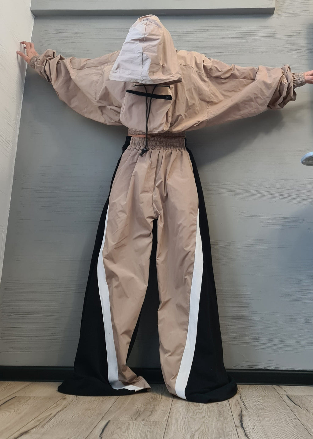Asymmetrical Women's Set, Wide Leg Cotton Pants with Windproof Fabric Details, Windproof Hoodie