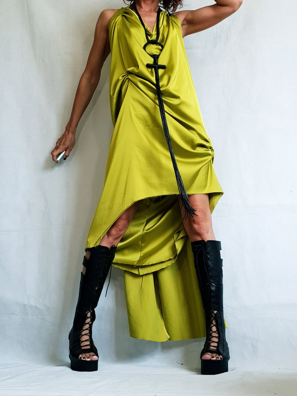 Mustard Satin Asymmetric Tunic, Open Back Mini Dress, Fitted Silhouette, Avant Garde Clothing