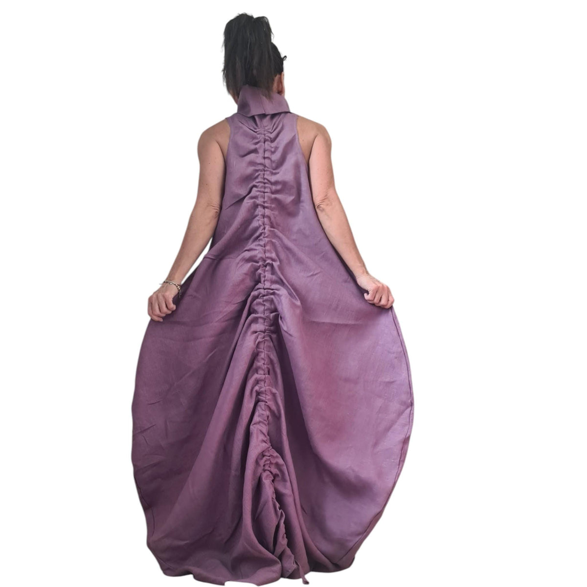 Lavender Linen Maxi Dress, High Neck Sleeveless Balloon Silhouette, Boho Style, Plus Size